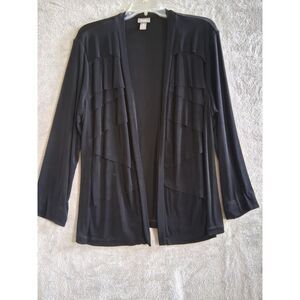 Chicos Travelers Cardigan Sz 2 Lg Ruffles Black Liquid Knit Slinky Casual Office